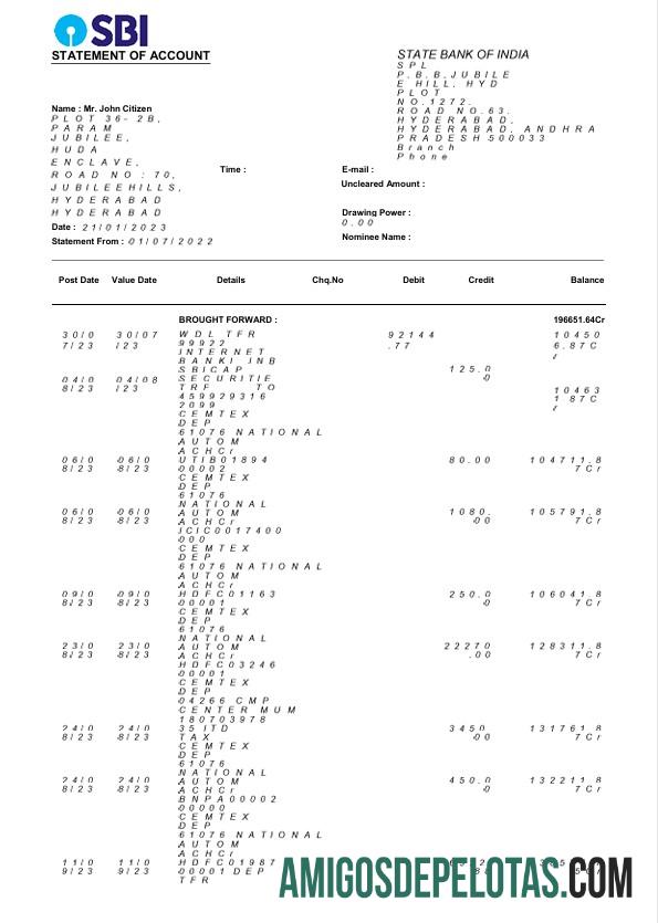 em branco Extrato bancário do Banco do Estado dos EUA da Índia modelo Word e PDF, 3 páginas
